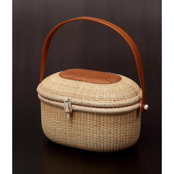 Chic Natural Rattan Oval Handwoven Purse with Cherry Wood Handle - Picture 7 of 7